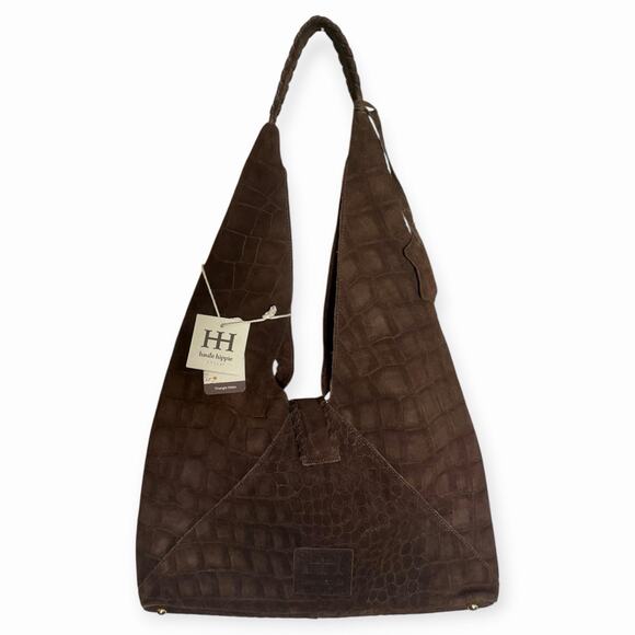 Haute Hippie Handbags - Haute Hippie Triangle Hobo Bag Brown Croc-Embossed Suede Leather Shoulder Purse